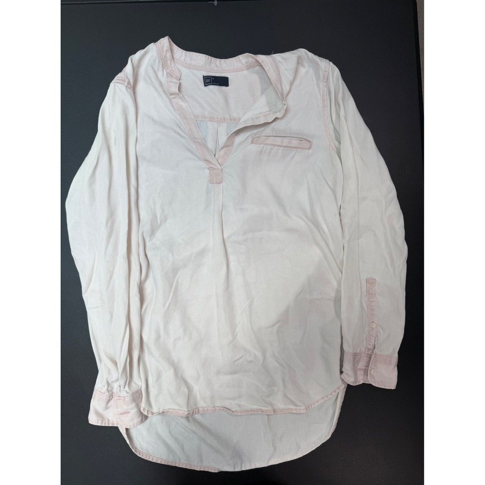 Gap Womens Tencel Lyocell Long Sleeve Tunic Blouse White Pink Trim Size M